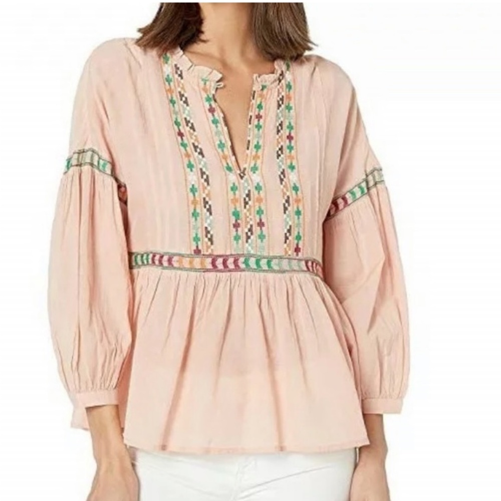 Lucky Brand Women's Blush Embroidered Peasant Top